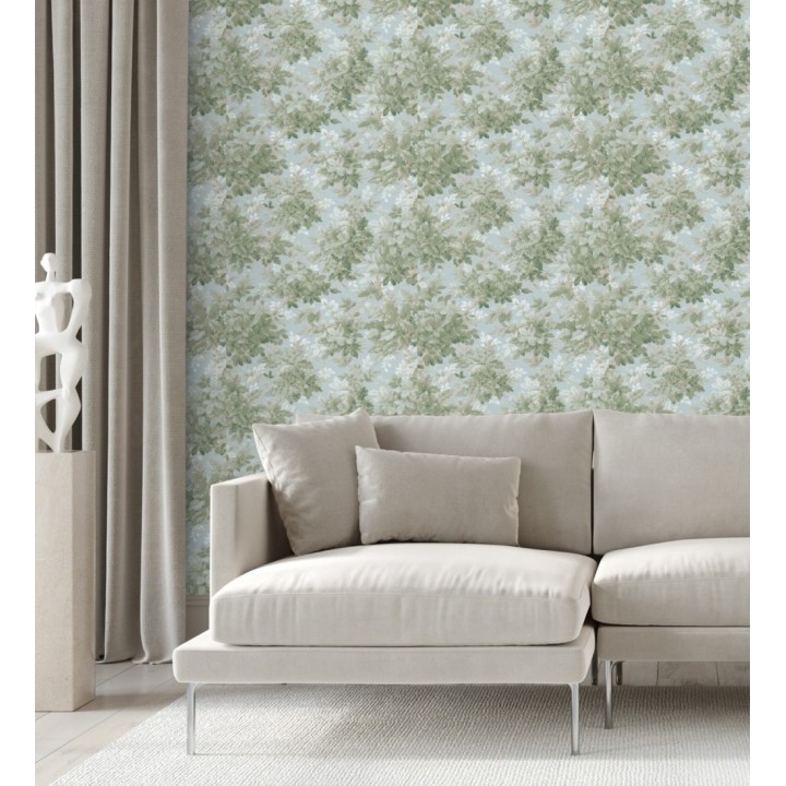 Papel pintado bosque frondoso tonos verde y azul pastel - Cotswold Foliage 683779