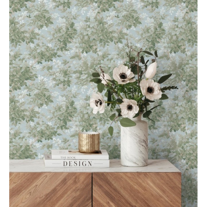 Papel pintado bosque frondoso tonos verde y azul pastel - Cotswold Foliage 683779