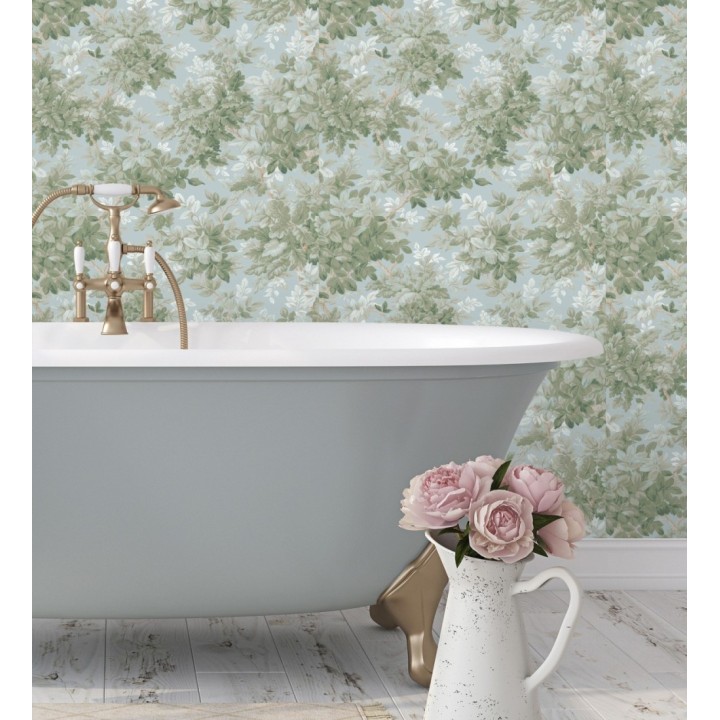 Papel pintado bosque frondoso tonos verde y azul pastel - Cotswold Foliage 683779