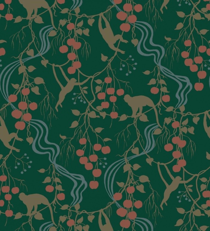 Papel pintado monos en la selva y frutos rojos fondo verde - Luanda Monkey 683780