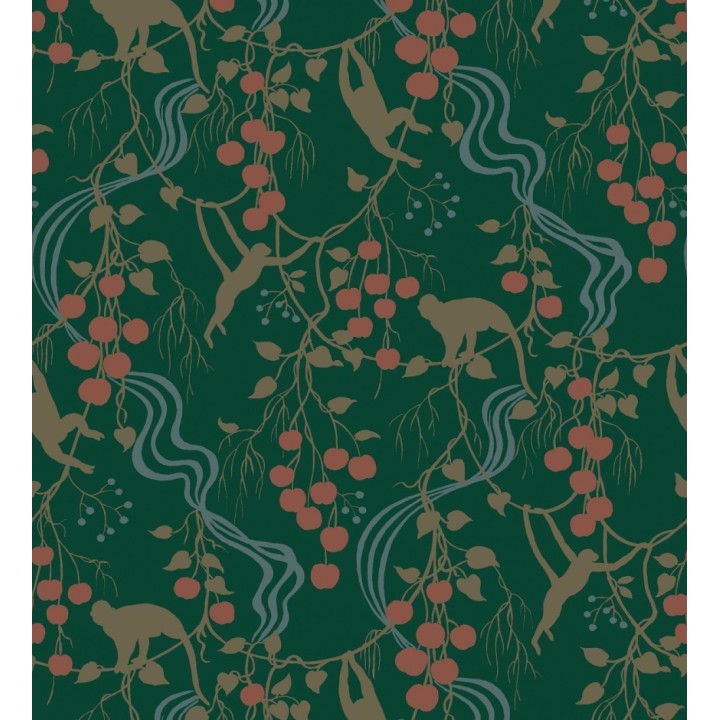 Papel pintado monos en la selva y frutos rojos fondo verde - Luanda Monkey 683780