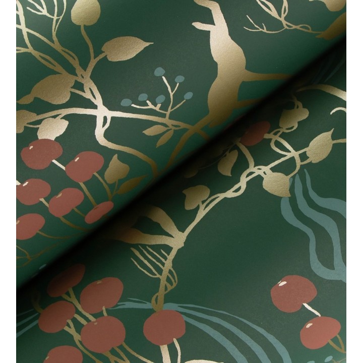 Papel pintado monos en la selva y frutos rojos fondo verde - Luanda Monkey 683780