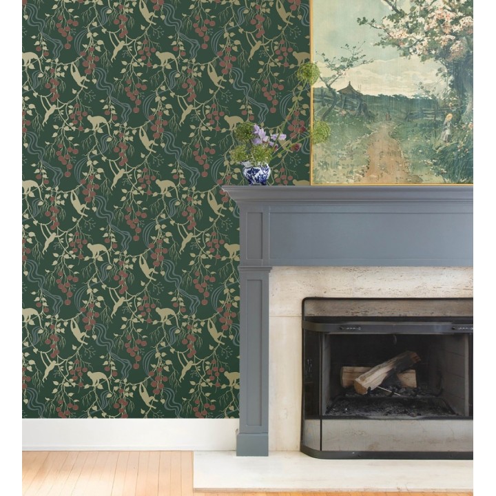 Papel pintado monos en la selva y frutos rojos fondo verde - Luanda Monkey 683780