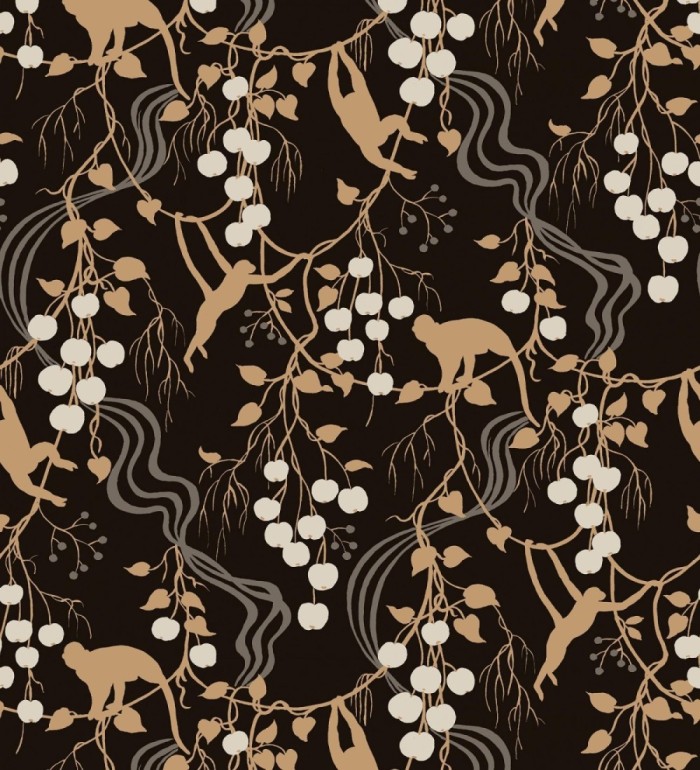 Papel pintado monos en la selva y frutos rojos fondo negro - Luanda Monkey 683781