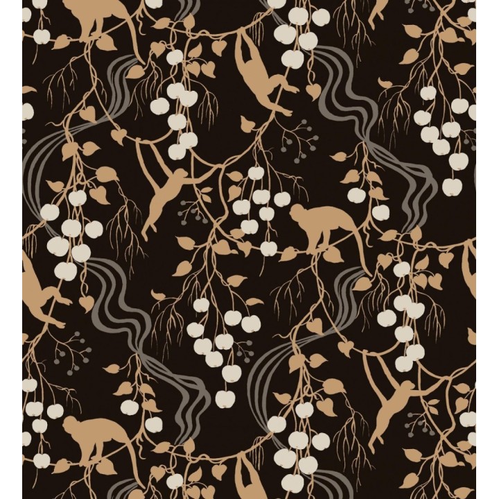 Papel pintado monos en la selva y frutos rojos fondo negro - Luanda Monkey 683781