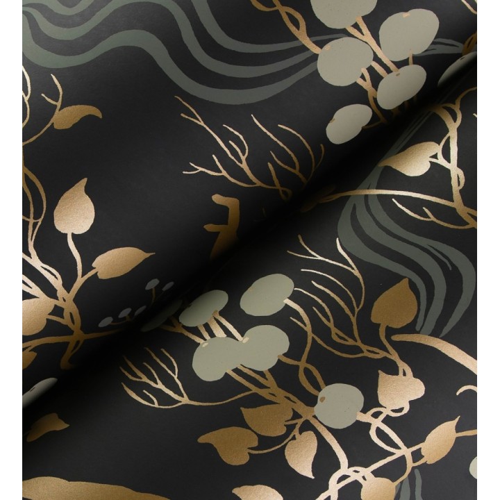 Papel pintado monos en la selva y frutos rojos fondo negro - Luanda Monkey 683781