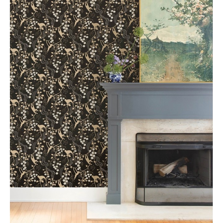 Papel pintado monos en la selva y frutos rojos fondo negro - Luanda Monkey 683781