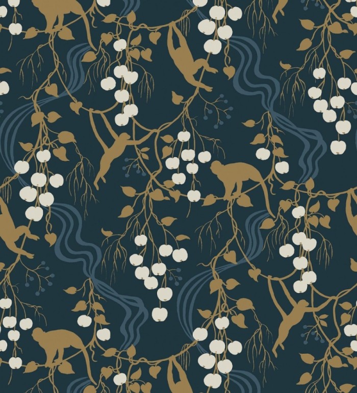 Papel pintado monos en la selva y frutos rojos fondo azul - Luanda Monkey 683782