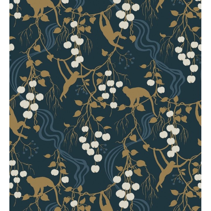 Papel pintado monos en la selva y frutos rojos fondo azul - Luanda Monkey 683782