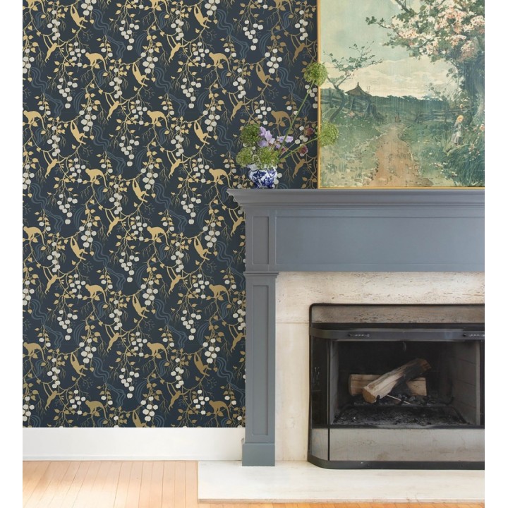 Papel pintado monos en la selva y frutos rojos fondo azul - Luanda Monkey 683782