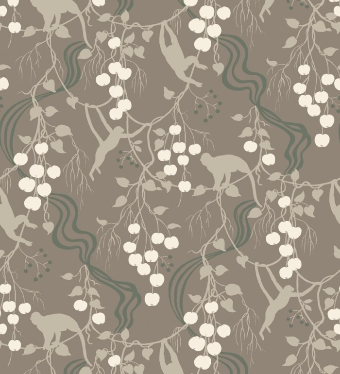 Papel pintado monos en la selva y frutos rojos fondo marrón - Luanda Monkey 683783