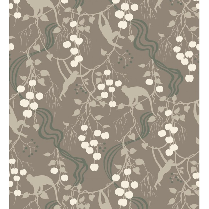 Papel pintado monos en la selva y frutos rojos fondo marrón - Luanda Monkey 683783