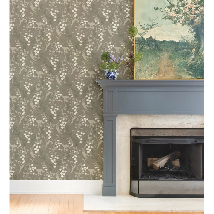 Papel pintado monos en la selva y frutos rojos fondo marrón - Luanda Monkey 683783