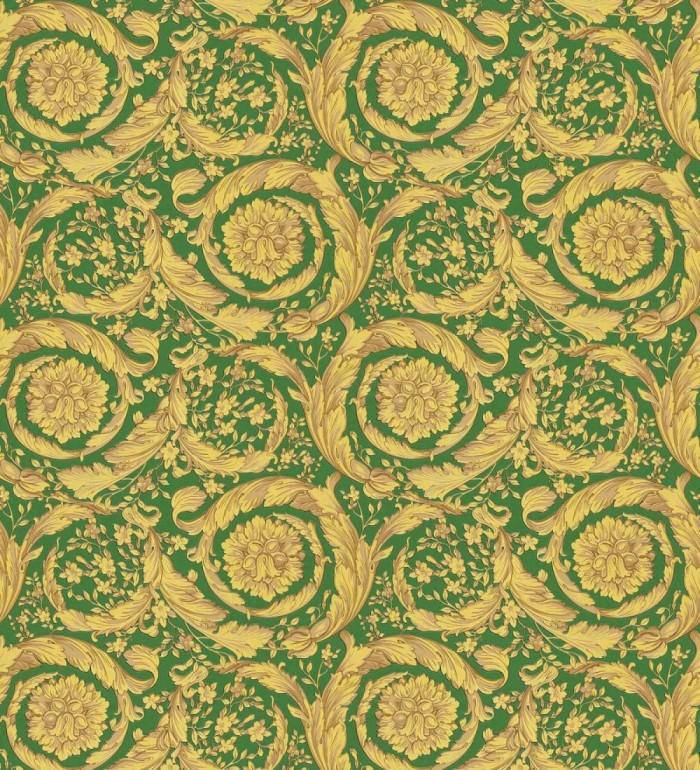 Papel pintado volutas de oro fondo verde de Versace - Valerio Rosso 126344