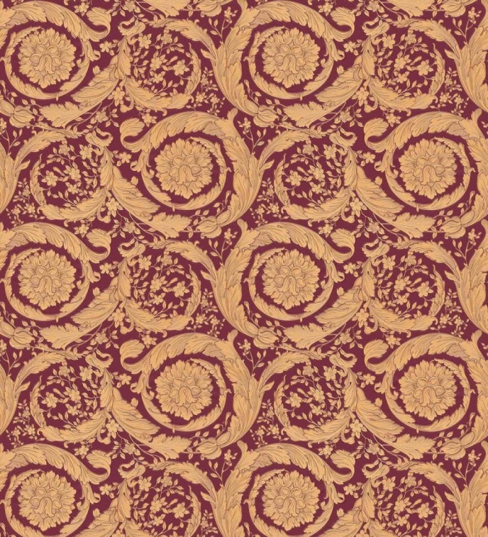 Papel pintado volutas de oro fondo rojo de Versace - Valerio Rosso 126345