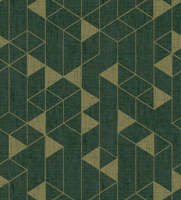 Papel pintado estructura lineal con trama textil color verde y oro - Crystal Grid 683788
