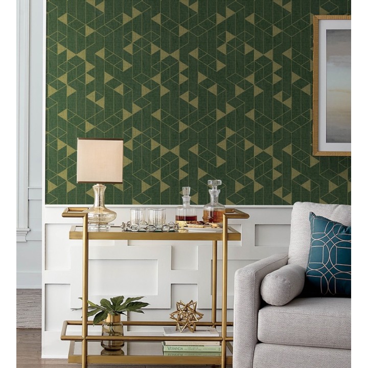 Papel pintado estructura lineal con trama textil color verde y oro - Crystal Grid 683788