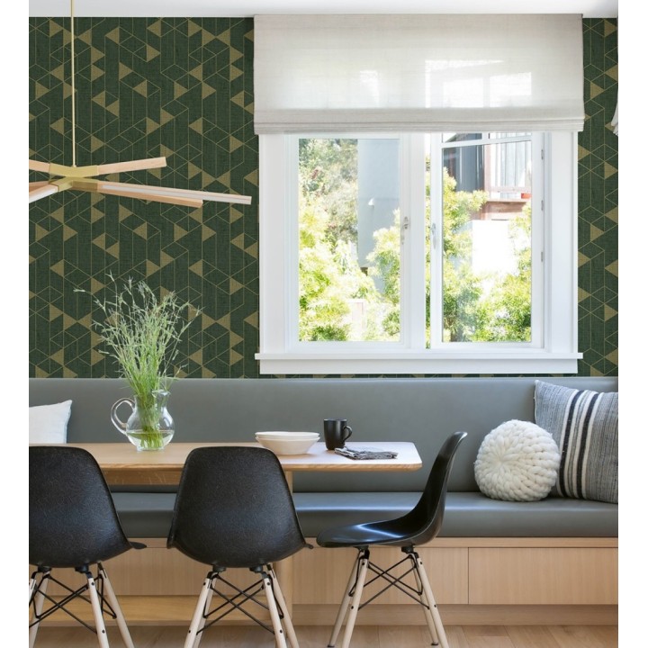 Papel pintado estructura lineal con trama textil color verde y oro - Crystal Grid 683788