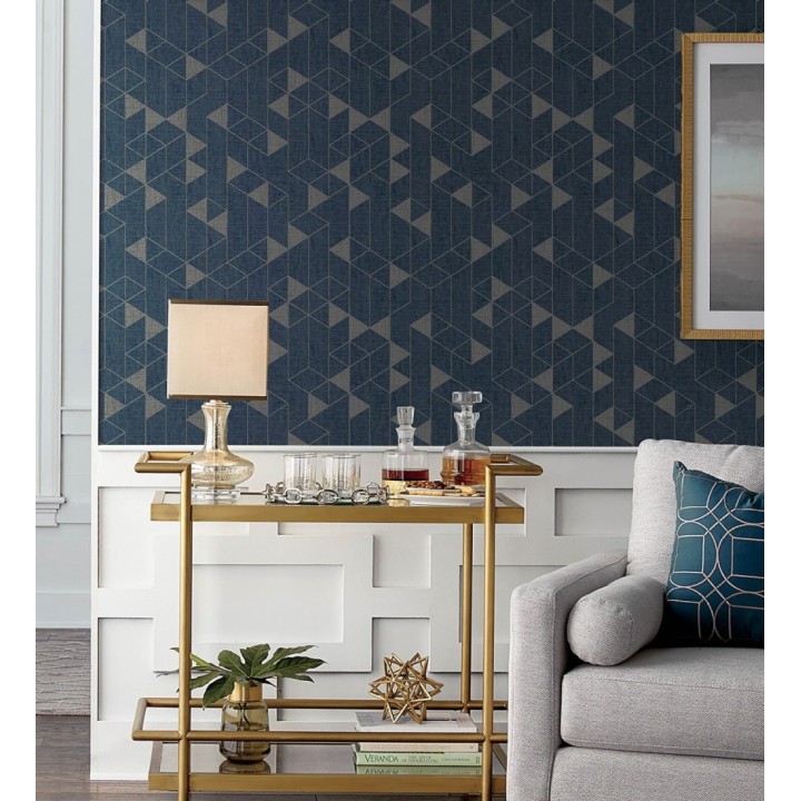 Papel pintado estructura lineal con trama textil color azul y gris metalizado - Crystal Grid 683789