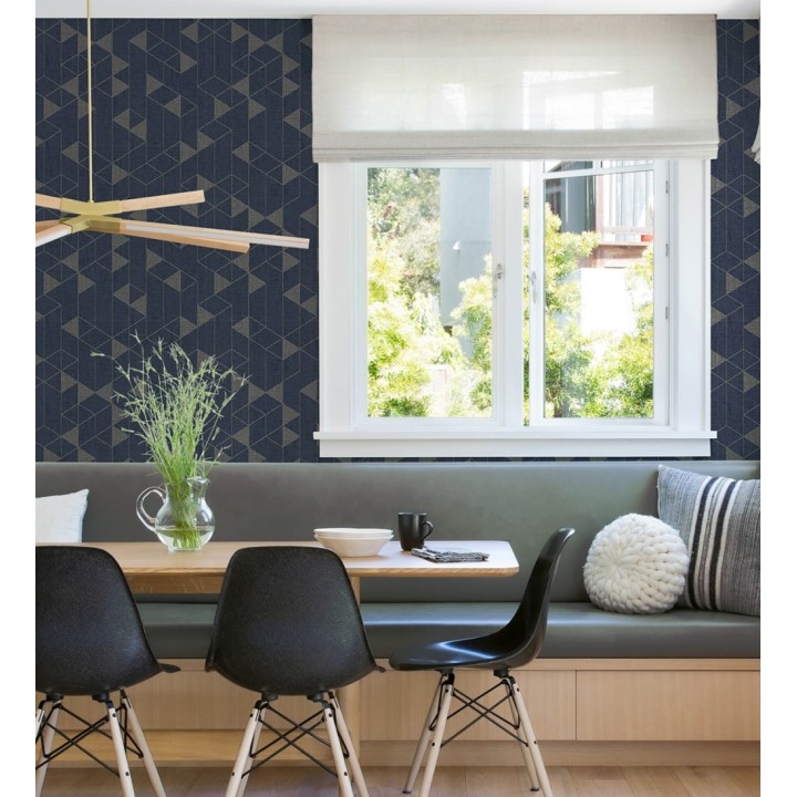 Papel pintado estructura lineal con trama textil color azul y gris metalizado - Crystal Grid 683789