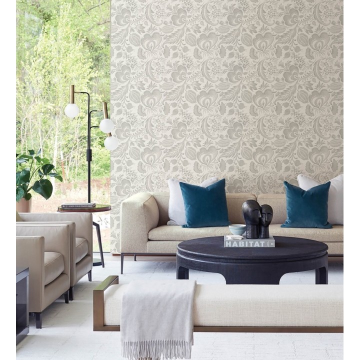 Papel pintado botánico con flores tono neutro efecto lino - Dahlia Rose 683794