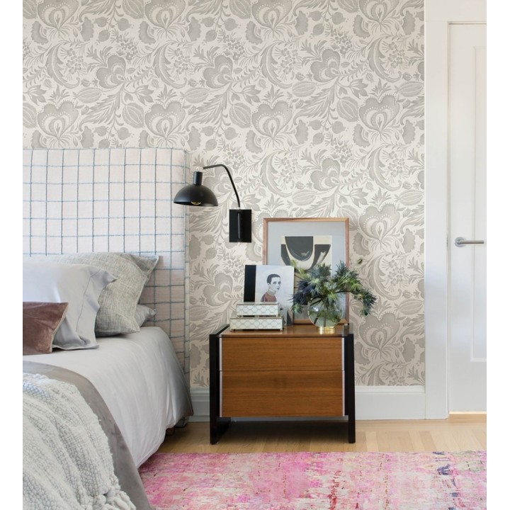 Papel pintado botánico con flores tono neutro efecto lino - Dahlia Rose 683794