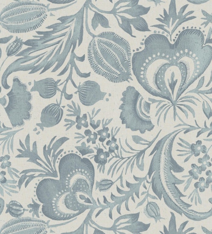 Papel pintado botánico con flores azul efecto lino - Dahlia Rose 683795
