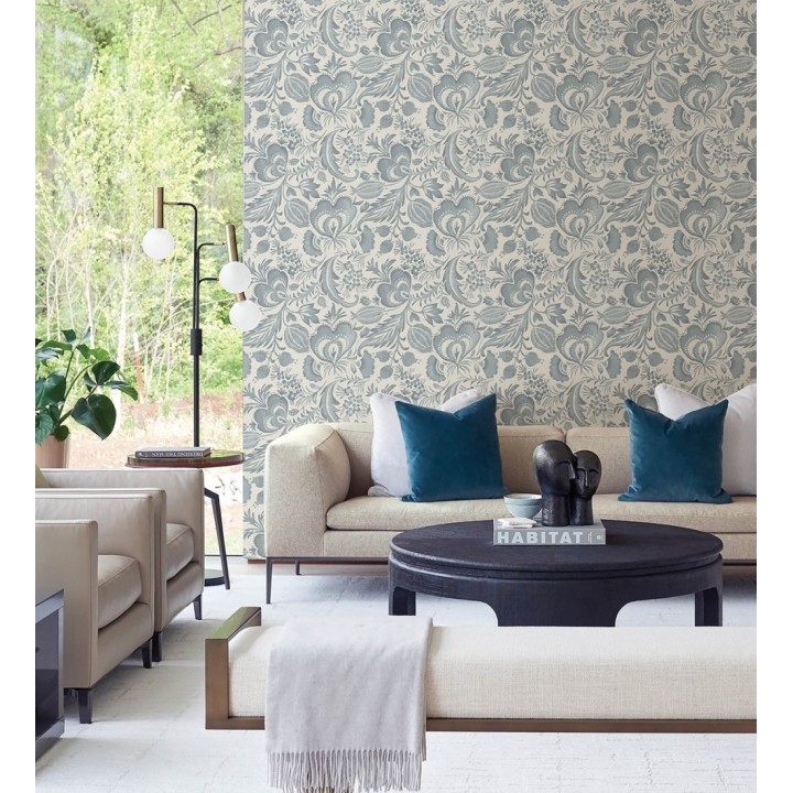 Papel pintado botánico con flores azul efecto lino - Dahlia Rose 683795