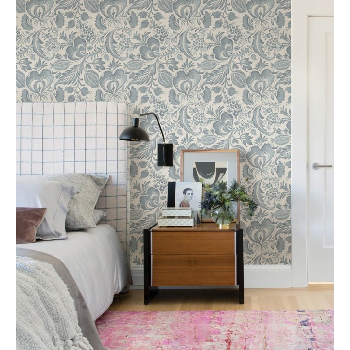 Papel pintado botánico con flores azul efecto lino - Dahlia Rose 683795