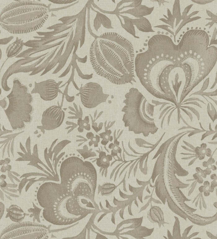 Papel pintado botánico con flores beige tostado efecto lino - Dahlia Rose 683796