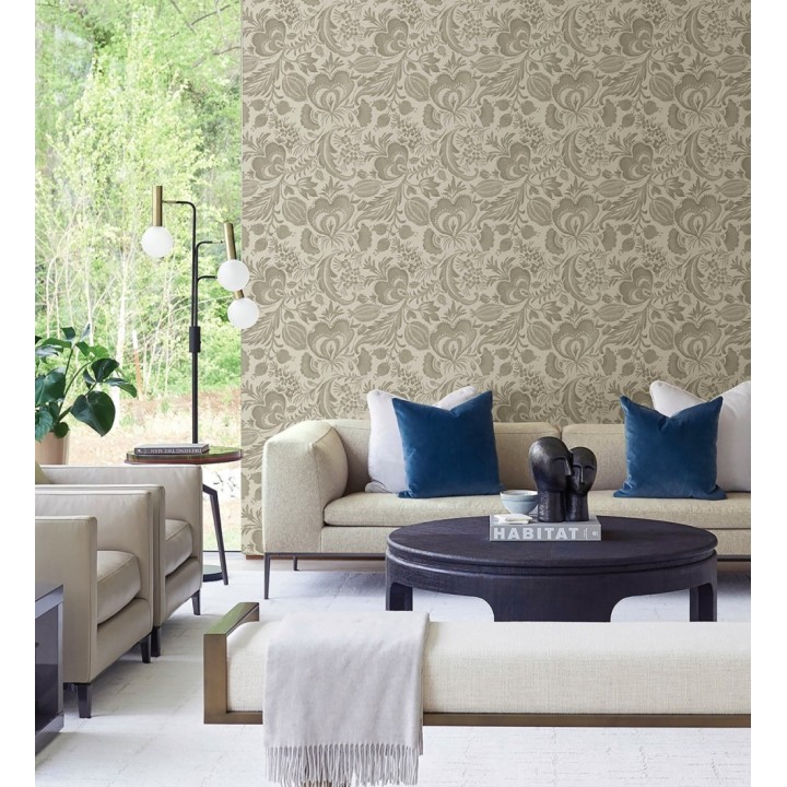 Papel pintado botánico con flores beige tostado efecto lino - Dahlia Rose 683796