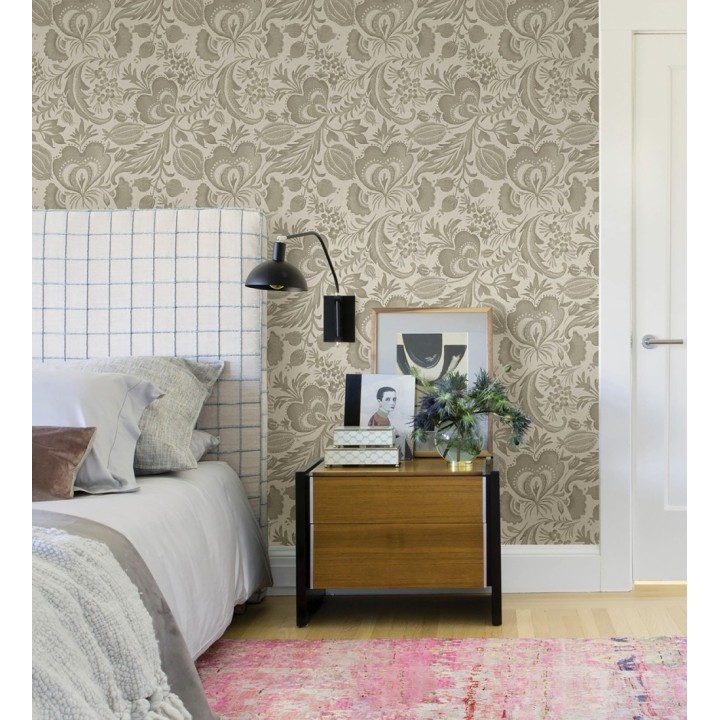 Papel pintado botánico con flores beige tostado efecto lino - Dahlia Rose 683796