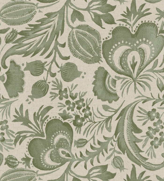 Papel pintado botánico con flores verdes efecto lino - Dahlia Rose 683797