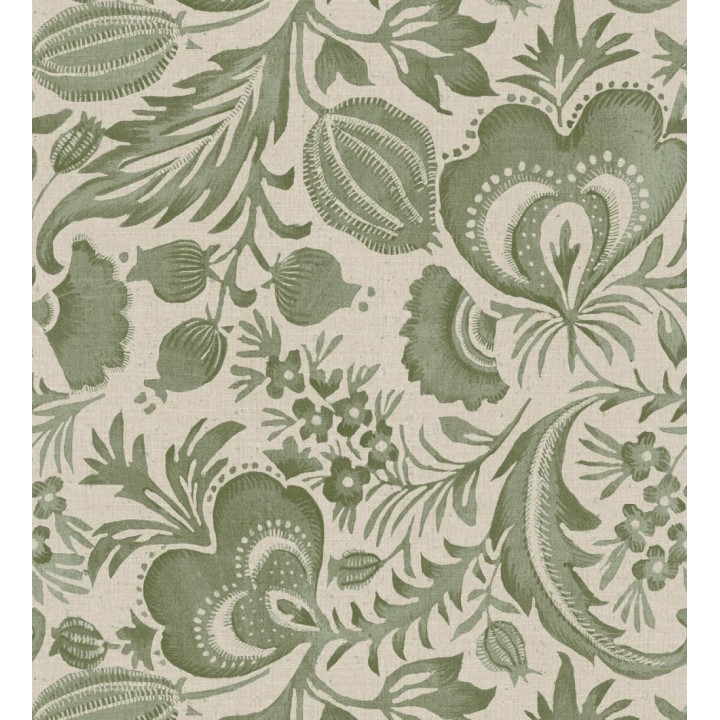 Papel pintado botánico con flores verdes efecto lino - Dahlia Rose 683797