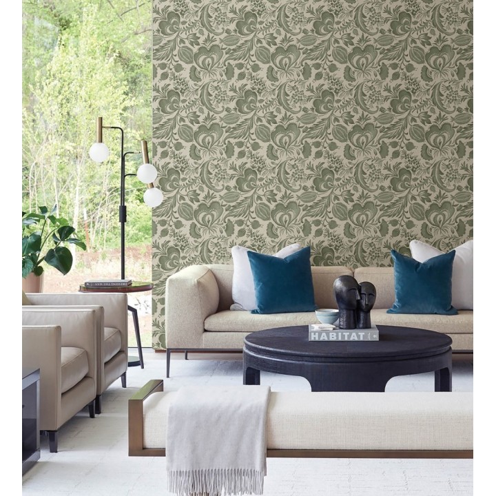 Papel pintado botánico con flores verdes efecto lino - Dahlia Rose 683797