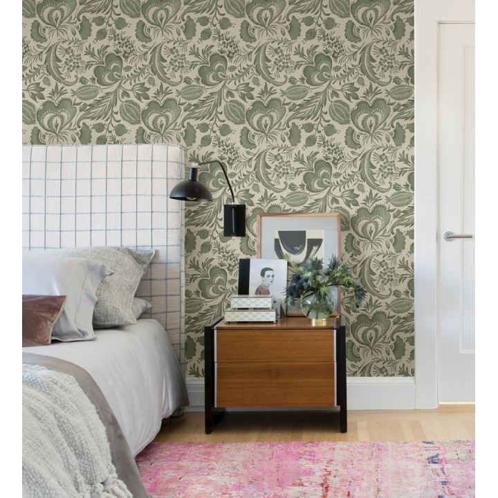 Papel pintado botánico con flores verdes efecto lino - Dahlia Rose 683797