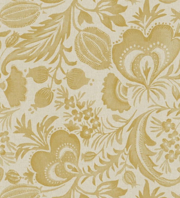 Papel pintado botánico con flores amarillo mostaza efecto lino - Dahlia Rose 683798