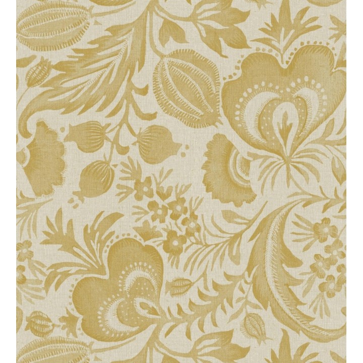 Papel pintado botánico con flores amarillo mostaza efecto lino - Dahlia Rose 683798
