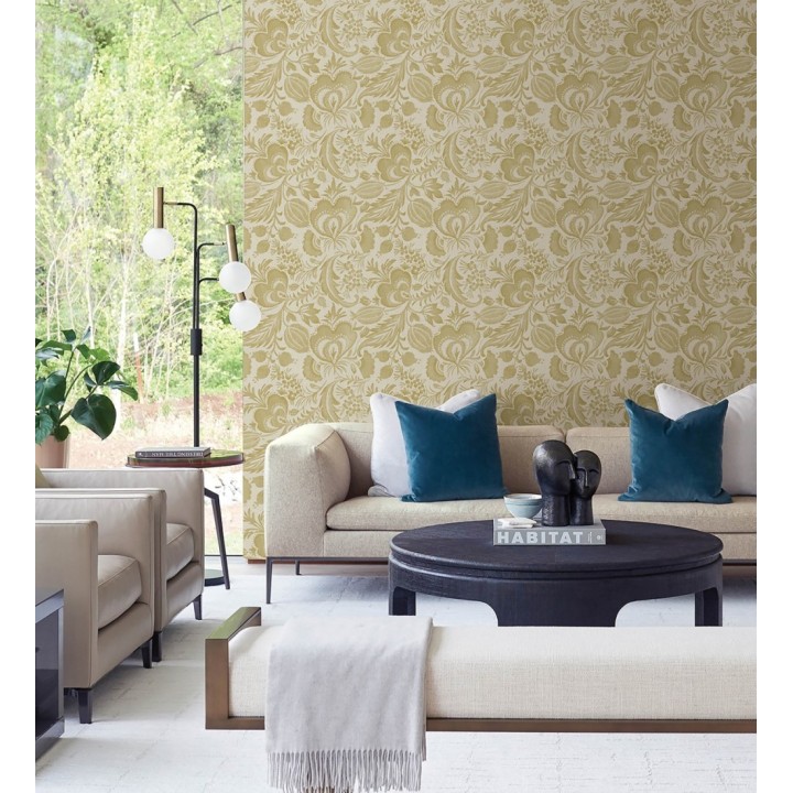 Papel pintado botánico con flores amarillo mostaza efecto lino - Dahlia Rose 683798