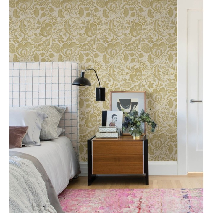 Papel pintado botánico con flores amarillo mostaza efecto lino - Dahlia Rose 683798