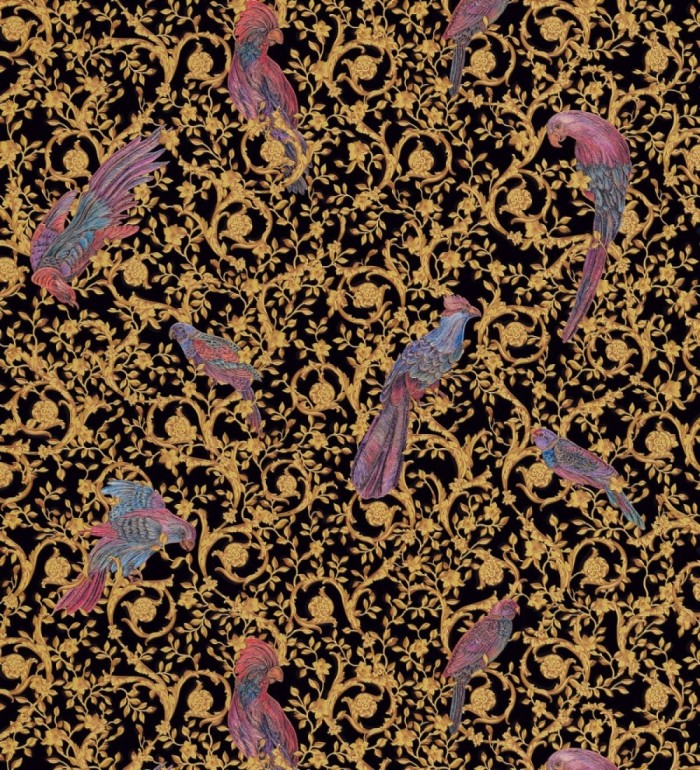 Papel pintado loros sobre volutas doradas - Vatican Parrots 126351