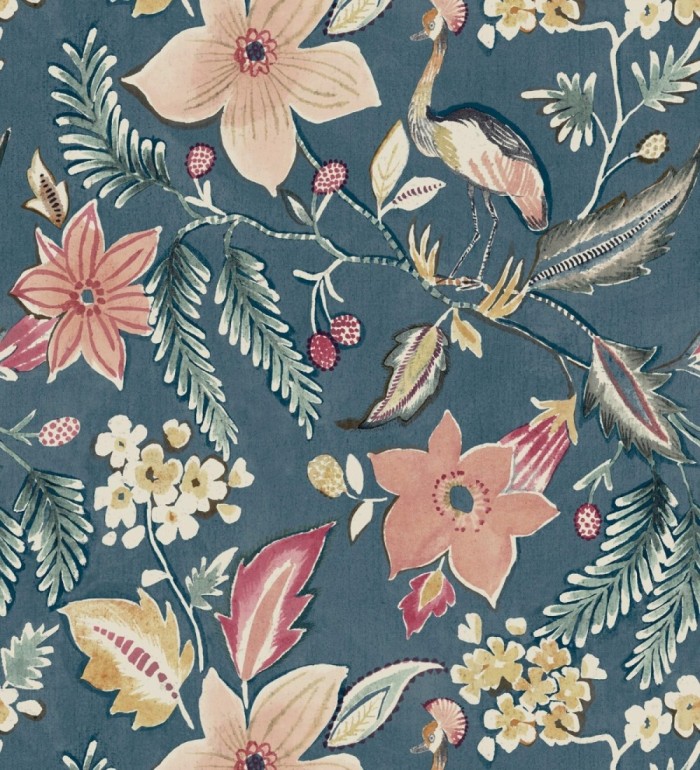 Papel pintado garza y flora exótica azul petróleo - Seraphina Garden 683804