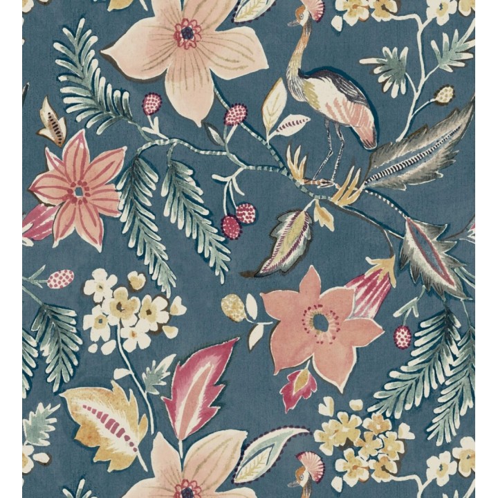 Papel pintado garza y flora exótica azul petróleo - Seraphina Garden 683804
