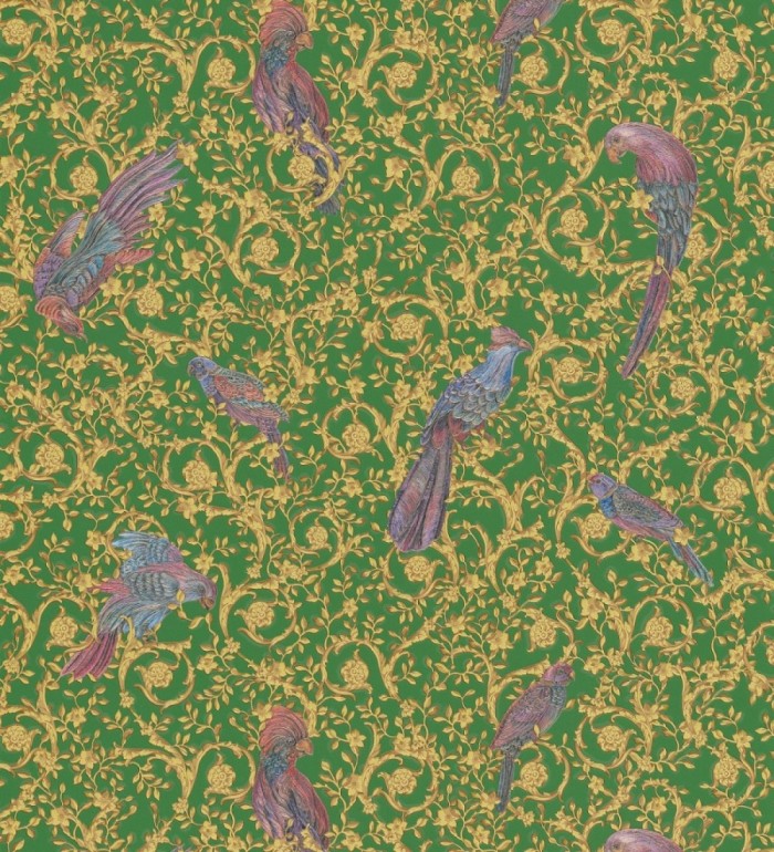 Papel pintado loros sobre volutas doradas - Vatican Parrots 126353