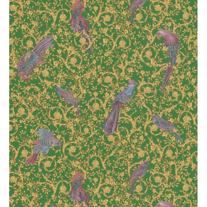 Papel pintado loros sobre volutas doradas - Vatican Parrots 126353