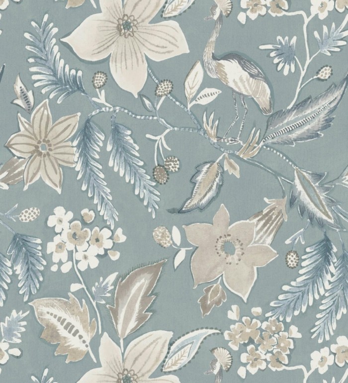 Papel pintado garza y flora exótica azul bruma - Seraphina Garden 683805