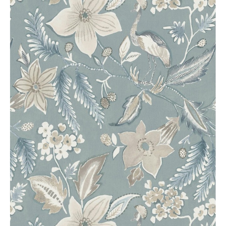 Papel pintado garza y flora exótica azul bruma - Seraphina Garden 683805