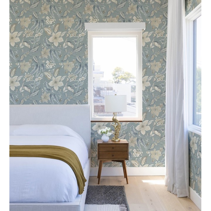 Papel pintado garza y flora exótica azul bruma - Seraphina Garden 683805