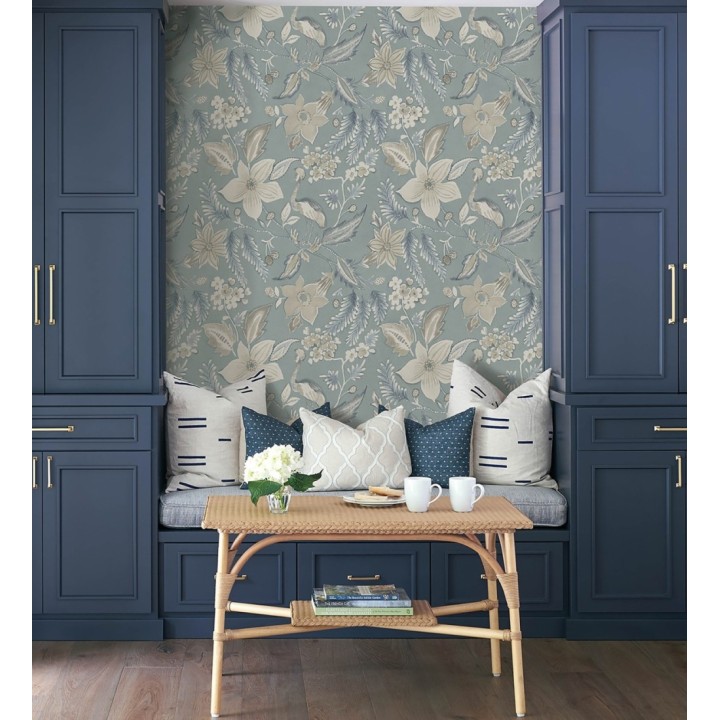 Papel pintado garza y flora exótica azul bruma - Seraphina Garden 683805