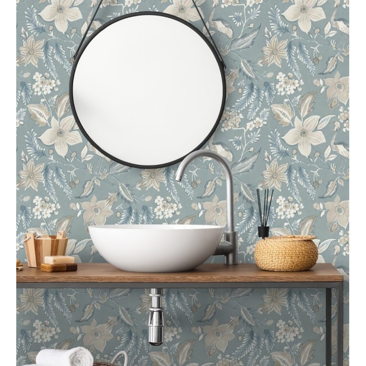 Papel pintado garza y flora exótica azul bruma - Seraphina Garden 683805